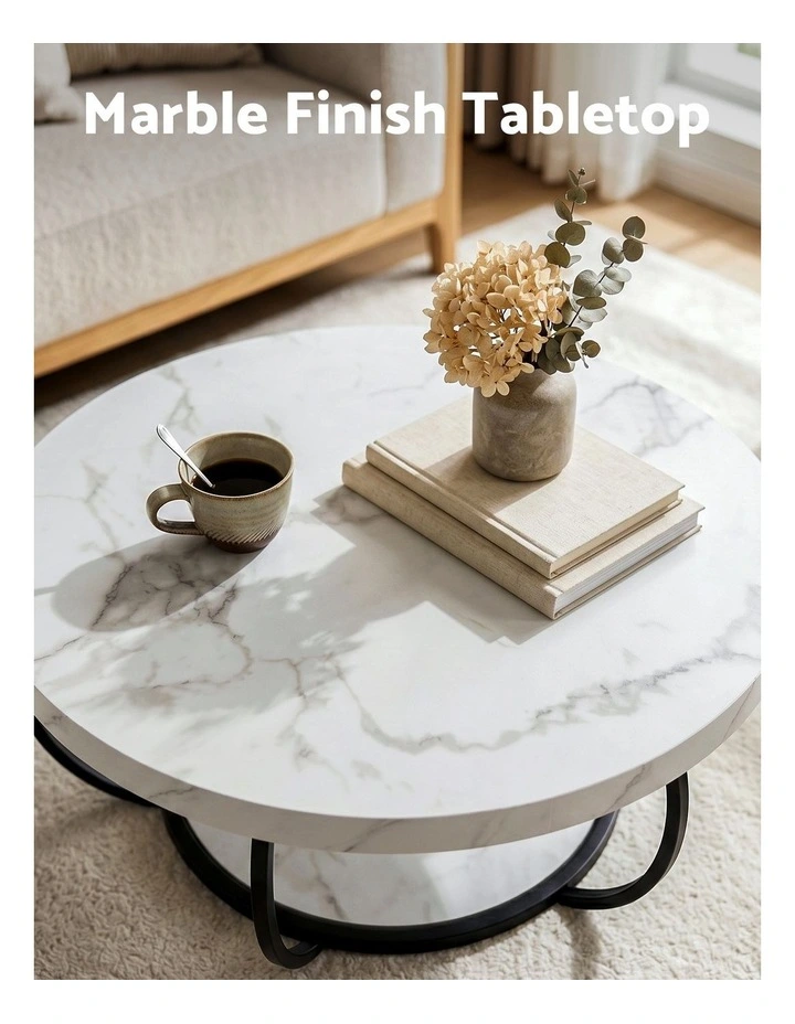 Artiss Coffee Table 2-Tier Marble Finish Round White&Black image 4