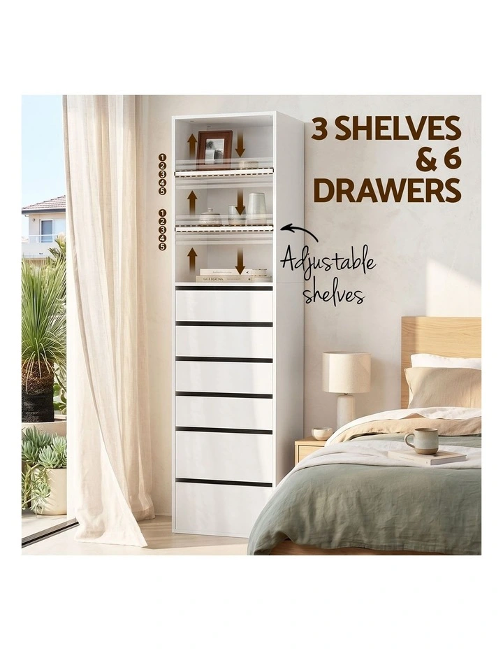 Artiss 2x Chest of 6 Drawers Tallboy Cabinet Adjustable Shelf White image 4