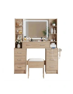 Dressing Table Vanity Desk Set Stool LED Charging Station in Wood