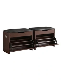 Artiss 2x Shoe Bench Set Flip Drawer Walnut