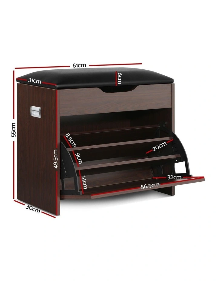 Artiss 2x Shoe Bench Set Flip Drawer Walnut image 2