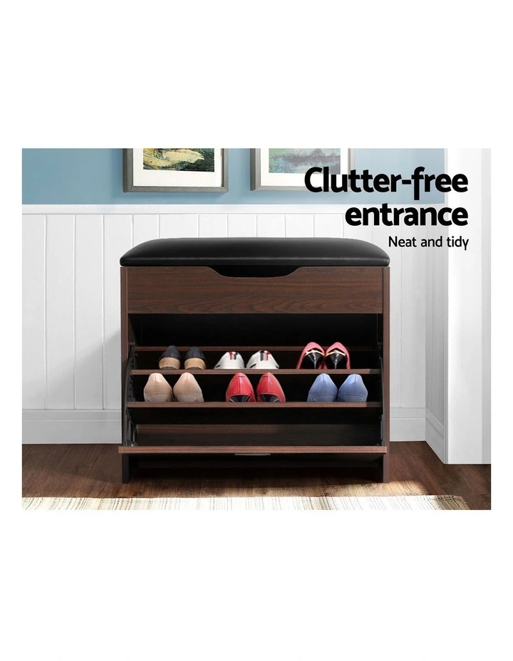 Artiss 2x Shoe Bench Set Flip Drawer Walnut image 4