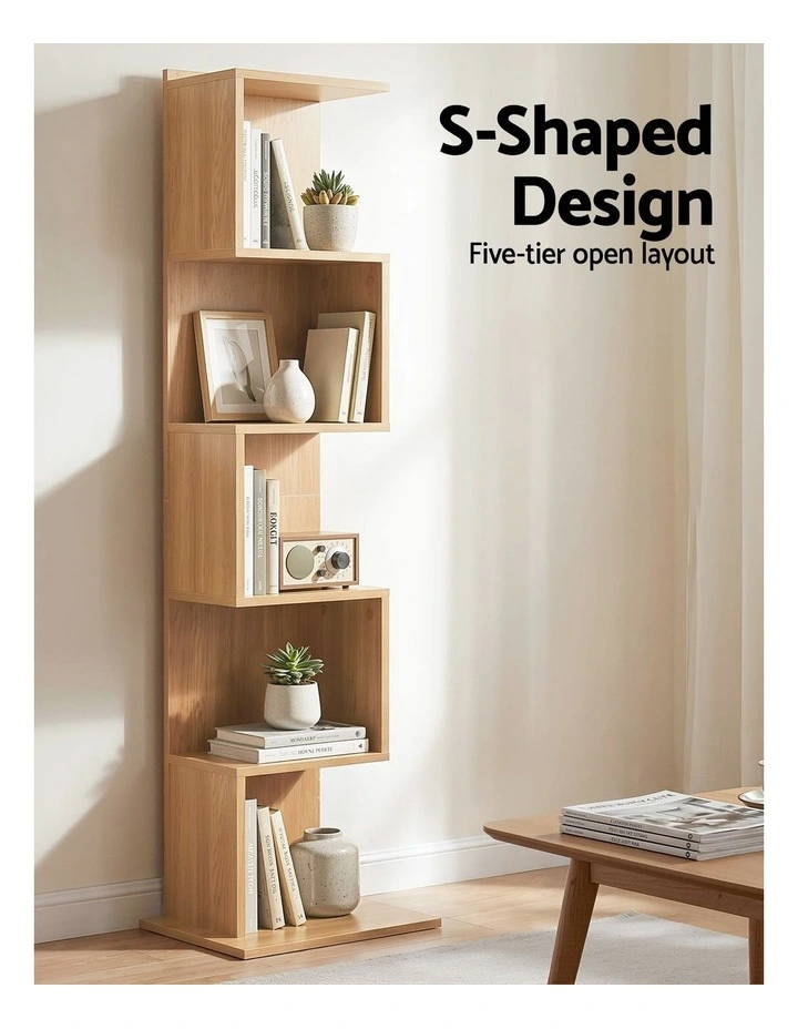 Artiss 5 Tiers Bookshelf S-shaped Bookcase Oak image 4