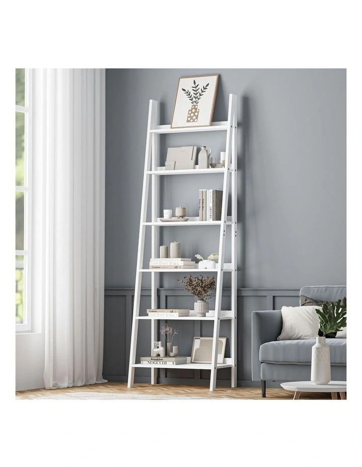 Oikiture Bookshelf 6 Tier Corner Ladder Shelf Home Storage Display Rack White image 4