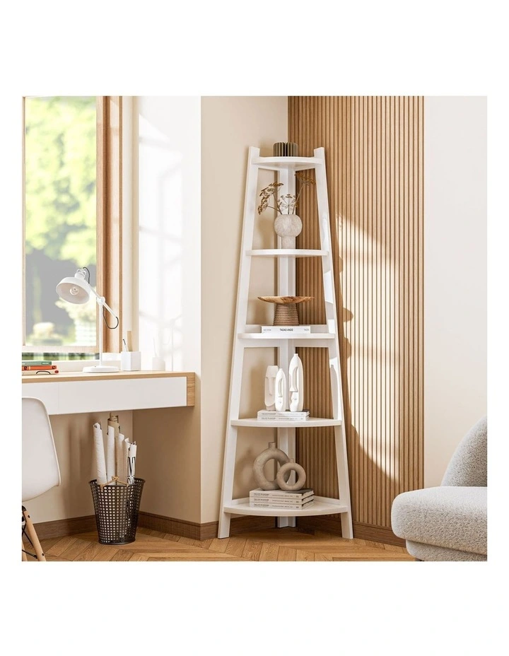 Oikiture Corner Ladder Shelf 5 Tier Home Storage Display Stand Bookshelf White image 4
