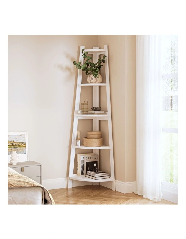 Oikiture Corner Ladder Shelf 5 Tier Home Storage Display Stand Bookshelf White image 5