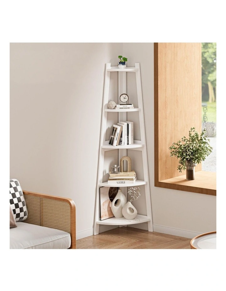 Oikiture Corner Ladder Shelf 5 Tier Home Storage Display Stand Bookshelf White image 7