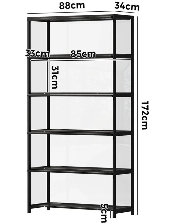 Oikiture Display Cabinet Storage 5-Tier Shelves Tall Clear Bookcase Rack Black image 3