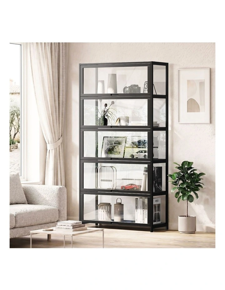 Oikiture Display Cabinet Storage 5-Tier Shelves Tall Clear Bookcase Rack Black image 4