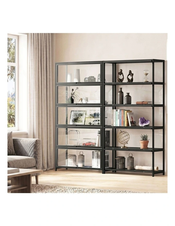 Oikiture Display Cabinet Storage 5-Tier Shelves Tall Clear Bookcase Rack Black image 5