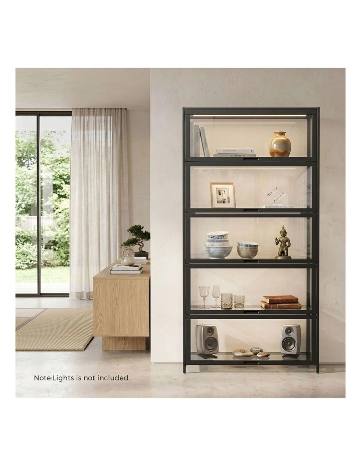 Oikiture Display Cabinet Storage 5-Tier Shelves Tall Clear Bookcase Rack Black image 7