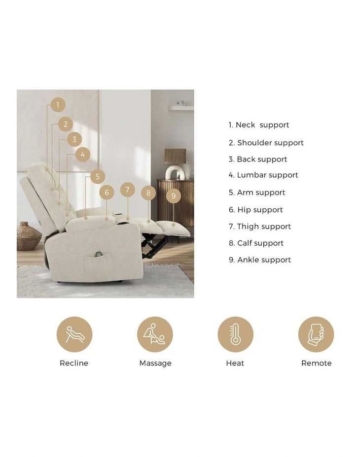 Oikiture Recliner Chair Heated Massage Chair Polyester Beige image 7