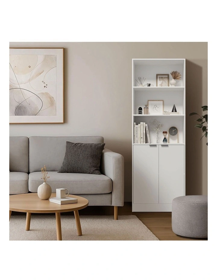 Oikiture Tall Bookcase Display Shelf 2 Door Adjustable Storage Cabinet White image 7