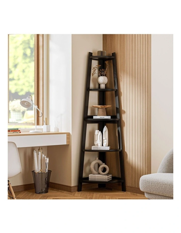 Oikiture Corner Ladder Shelf 5 Tier Home Storage Display Stand Bookshelf Black image 4