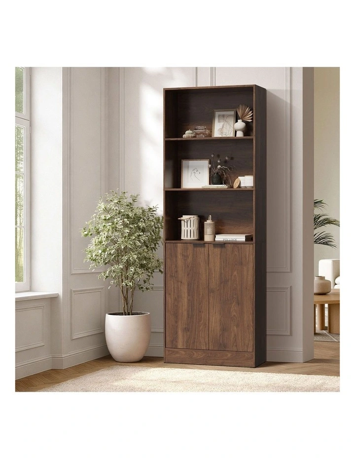 Oikiture Tall Bookcase Display Shelf 2 Door Adjustable Storage Cabinet Walnut image 4