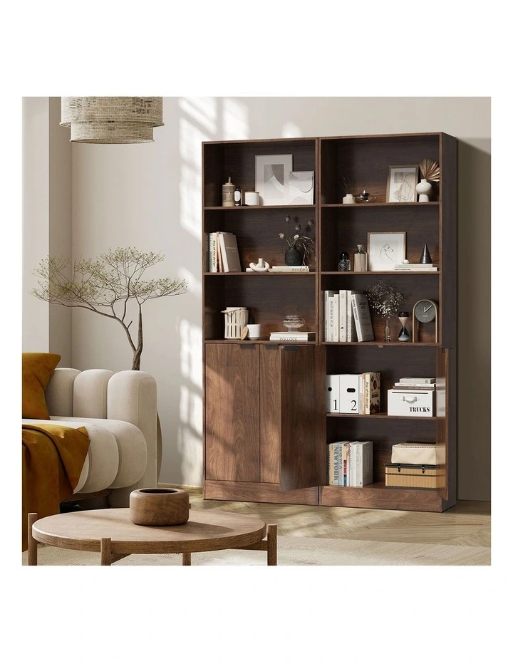 Oikiture Tall Bookcase Display Shelf 2 Door Adjustable Storage Cabinet Walnut image 5