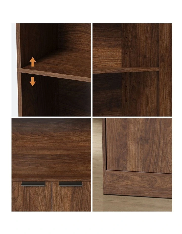 Oikiture Tall Bookcase Display Shelf 2 Door Adjustable Storage Cabinet Walnut image 6