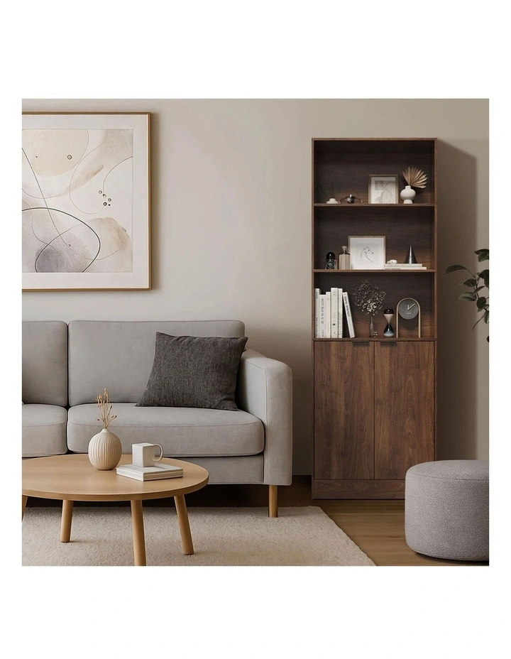 Oikiture Tall Bookcase Display Shelf 2 Door Adjustable Storage Cabinet Walnut image 7
