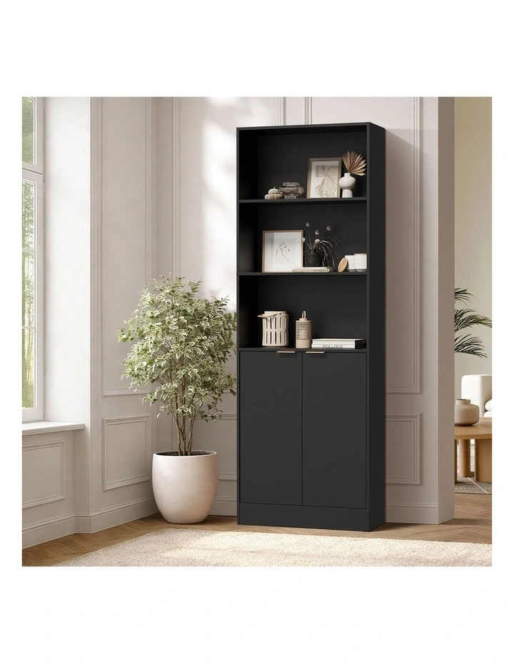 Oikiture Tall Bookcase Display Shelf 2 Door Adjustable Storage Cabinet Black image 4