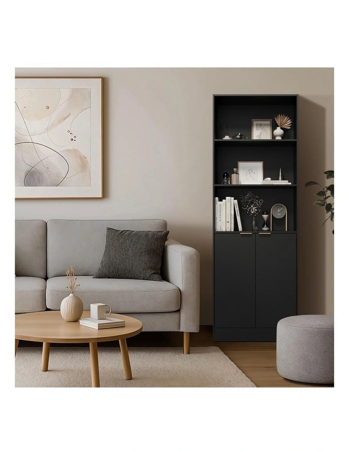Oikiture Tall Bookcase Display Shelf 2 Door Adjustable Storage Cabinet Black image 7