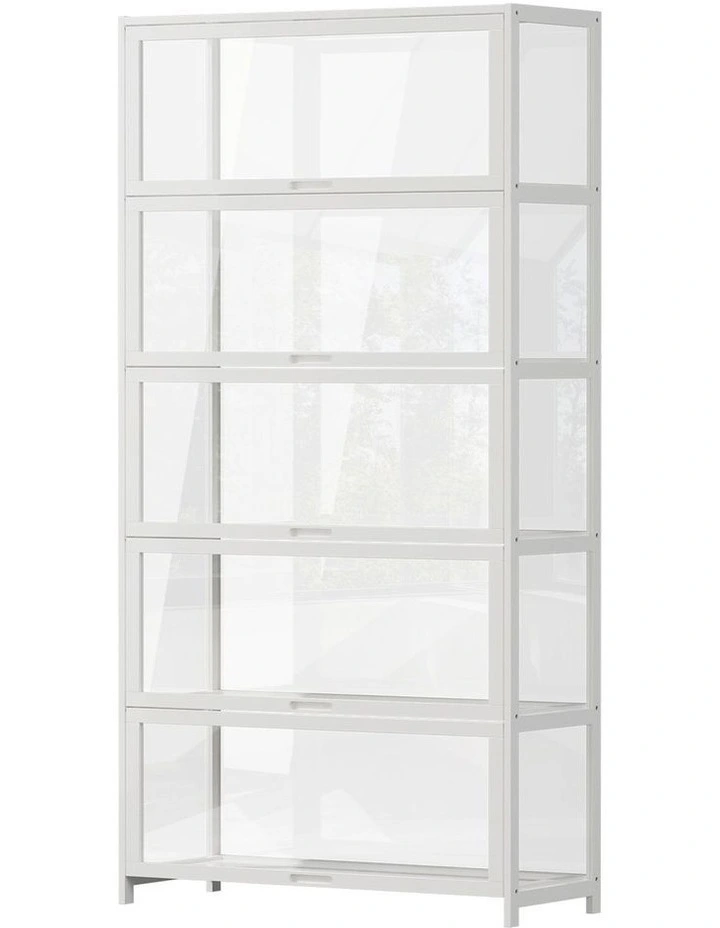 Oikiture Display Cabinet Storage 5-Tier Shelves Tall Clear Bookcase Rack White image 1