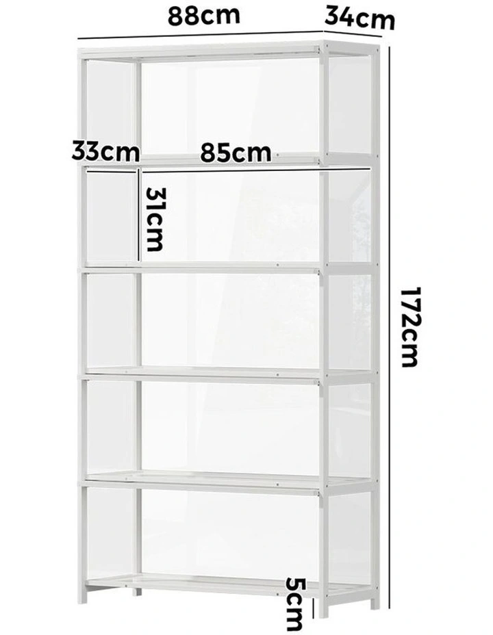 Oikiture Display Cabinet Storage 5-Tier Shelves Tall Clear Bookcase Rack White image 3