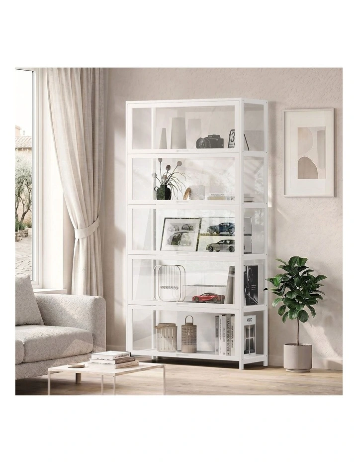 Oikiture Display Cabinet Storage 5-Tier Shelves Tall Clear Bookcase Rack White image 4