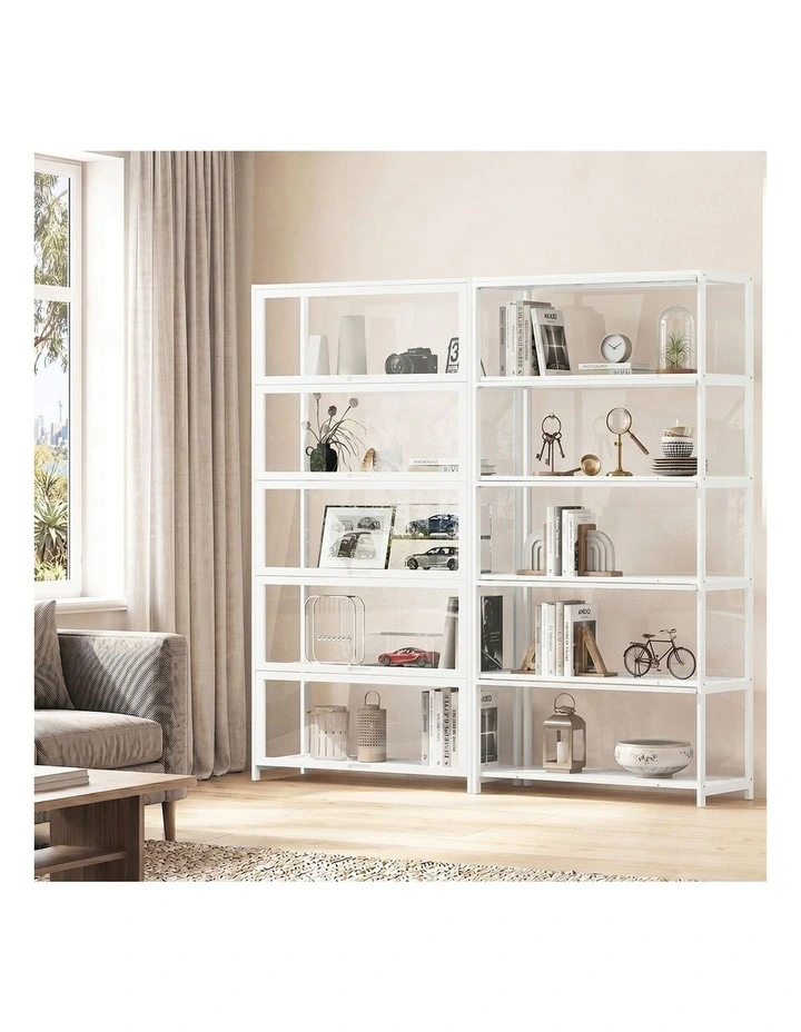 Oikiture Display Cabinet Storage 5-Tier Shelves Tall Clear Bookcase Rack White image 5