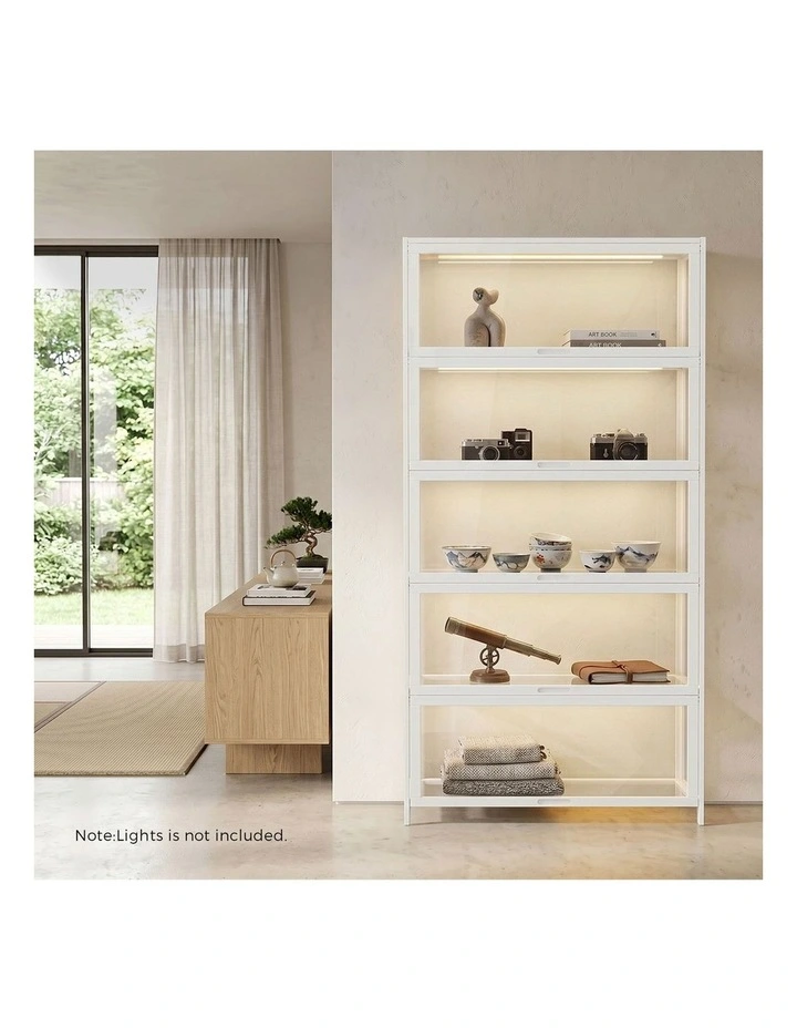 Oikiture Display Cabinet Storage 5-Tier Shelves Tall Clear Bookcase Rack White image 7