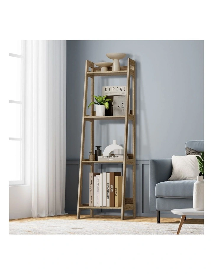 Oikiture Bookshelf 4 Tier Corner Ladder Shelf Home Storage Display Rack Natural image 4