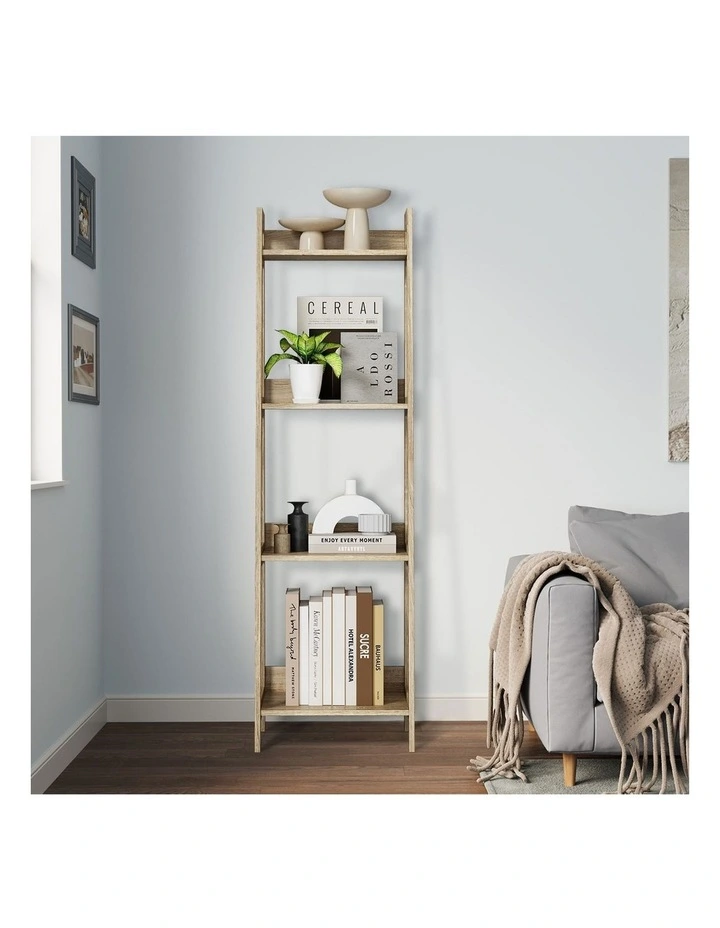 Oikiture Bookshelf 4 Tier Corner Ladder Shelf Home Storage Display Rack Natural image 5