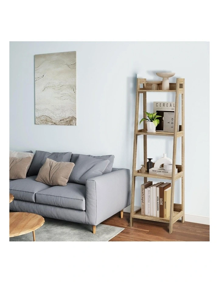 Oikiture Bookshelf 4 Tier Corner Ladder Shelf Home Storage Display Rack Natural image 7