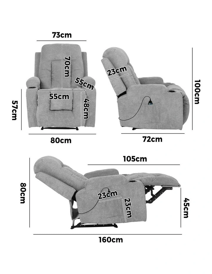 Oikiture Recliner Chair Heated Massage Armchair Lounge Sofa Polyester Grey image 3