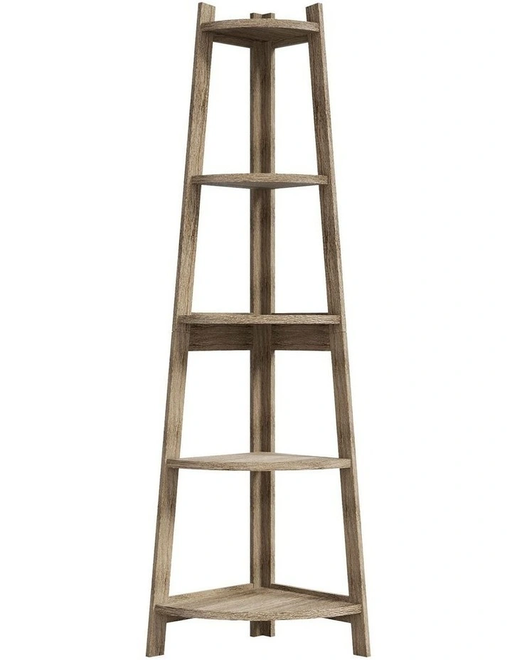 Oikiture Corner Ladder Shelf 5 Tier Home Storage Display Stand Bookshelf Natural image 1