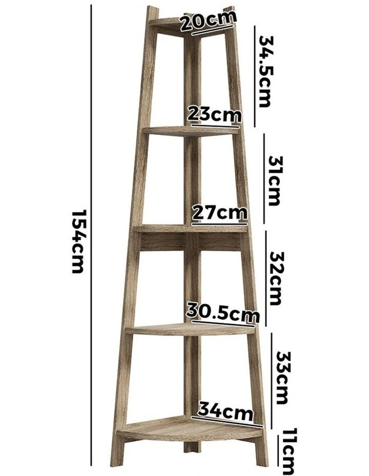 Oikiture Corner Ladder Shelf 5 Tier Home Storage Display Stand Bookshelf Natural image 3