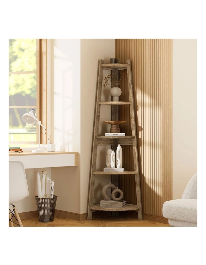 Oikiture Corner Ladder Shelf 5 Tier Home Storage Display Stand Bookshelf Natural image 4