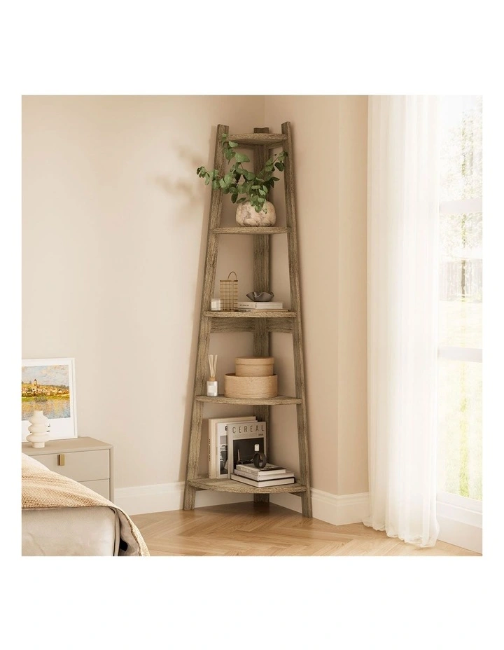 Oikiture Corner Ladder Shelf 5 Tier Home Storage Display Stand Bookshelf Natural image 5