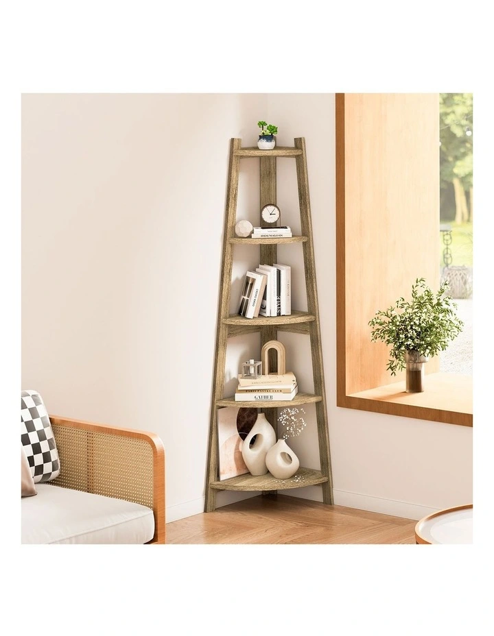 Oikiture Corner Ladder Shelf 5 Tier Home Storage Display Stand Bookshelf Natural image 7