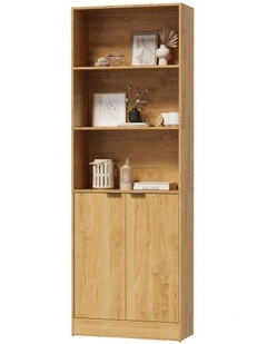 Oikiture Tall Bookcase Display Shelf 2 Door Adjustable Storage Cabinet Natural