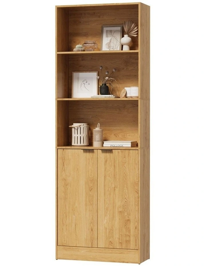 Oikiture Tall Bookcase Display Shelf 2 Door Adjustable Storage Cabinet Natural image 1