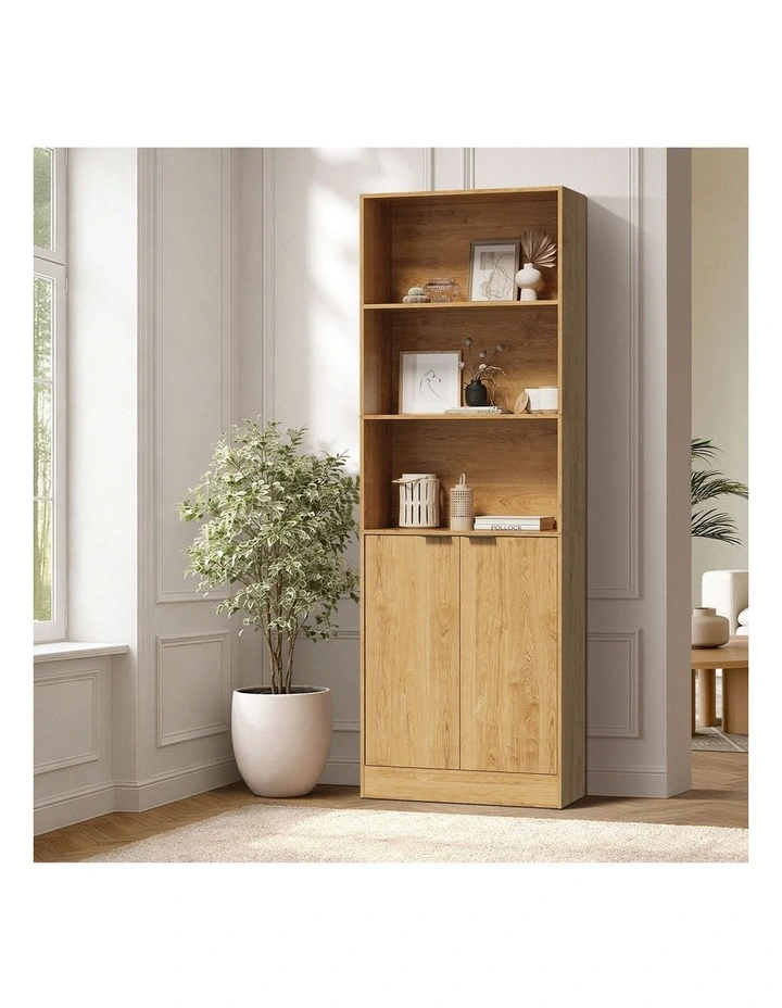 Oikiture Tall Bookcase Display Shelf 2 Door Adjustable Storage Cabinet Natural image 4