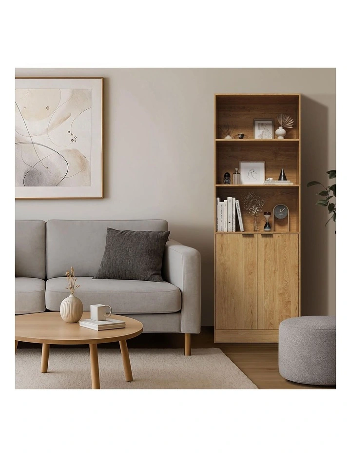 Oikiture Tall Bookcase Display Shelf 2 Door Adjustable Storage Cabinet Natural image 7