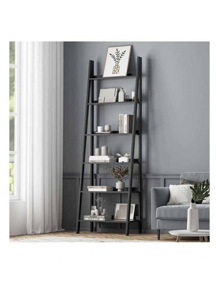 Oikiture Bookshelf 6 Tier Corner Ladder Shelf Home Storage Display Rack Black image 4