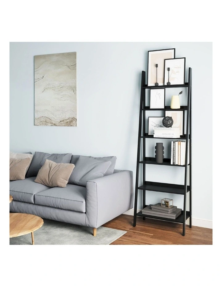 Oikiture Bookshelf 6 Tier Corner Ladder Shelf Home Storage Display Rack Black image 7