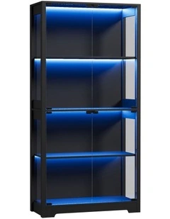 Oikiture 4 Tier Glass Display Cabinet LED Light Bookcase Stand Storage Black