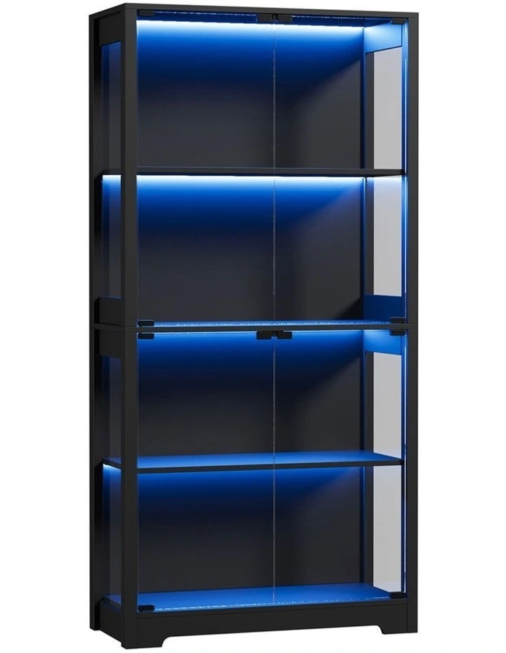 Oikiture 4 Tier Glass Display Cabinet LED Light Bookcase Stand Storage Black image 1