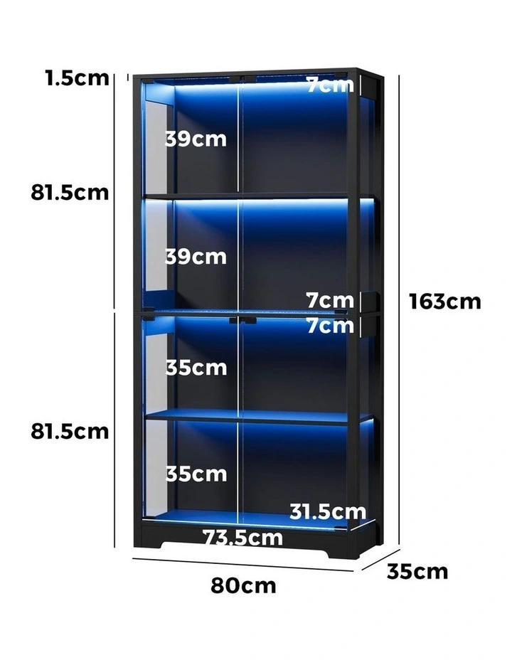 Oikiture 4 Tier Glass Display Cabinet LED Light Bookcase Stand Storage Black image 3