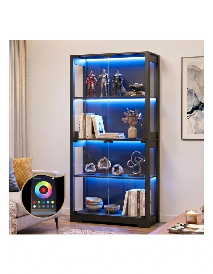 Oikiture 4 Tier Glass Display Cabinet LED Light Bookcase Stand Storage Black image 4