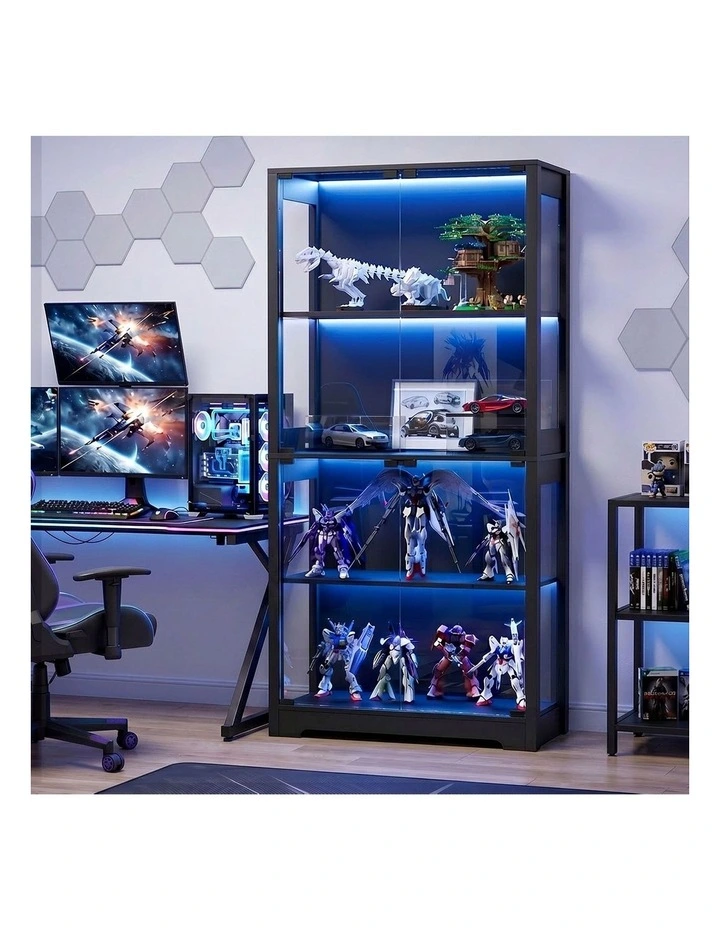 Oikiture 4 Tier Glass Display Cabinet LED Light Bookcase Stand Storage Black image 5