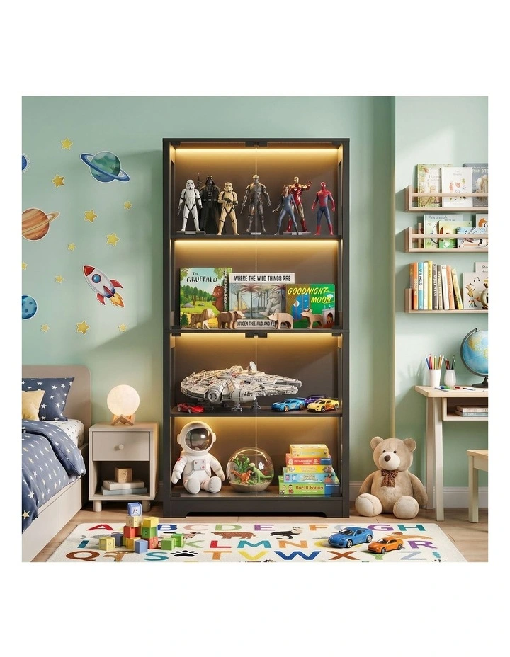 Oikiture 4 Tier Glass Display Cabinet LED Light Bookcase Stand Storage Black image 6